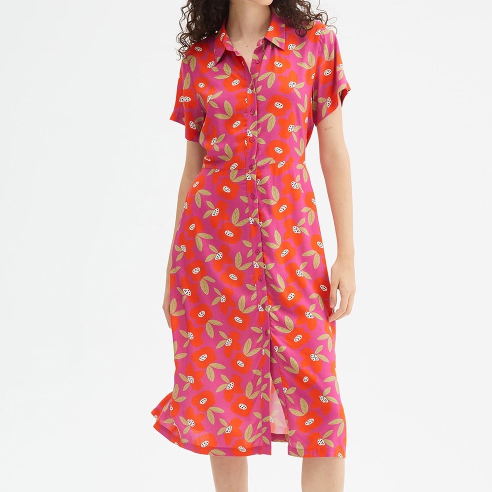 Compañia Fantastica Red Purple Floral Pattern Print Flared Midi Viscose Dress M